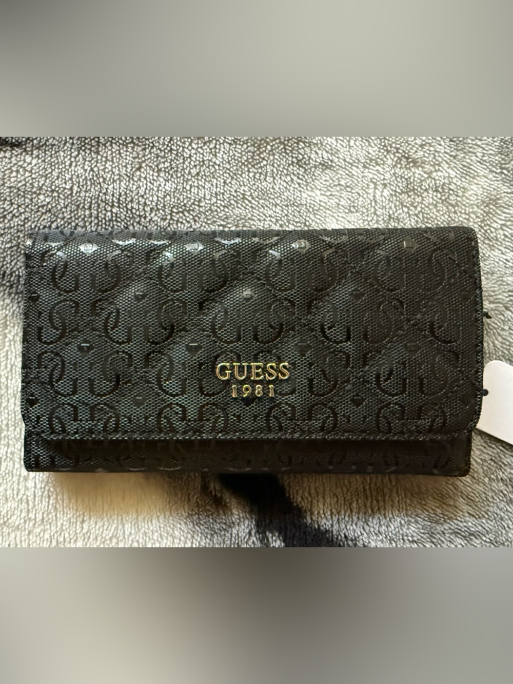 GUESS Black Monogram Zip Continental Wallet with Gold Hardware